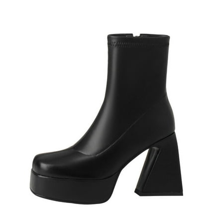 

Lovskoo 2024 Platform Boots for Women Leather Chunky Stacked Heel Square Toe Fashion Short Ankle Boots Leather Comfortable Shoes Western High-Heeled Boots Black