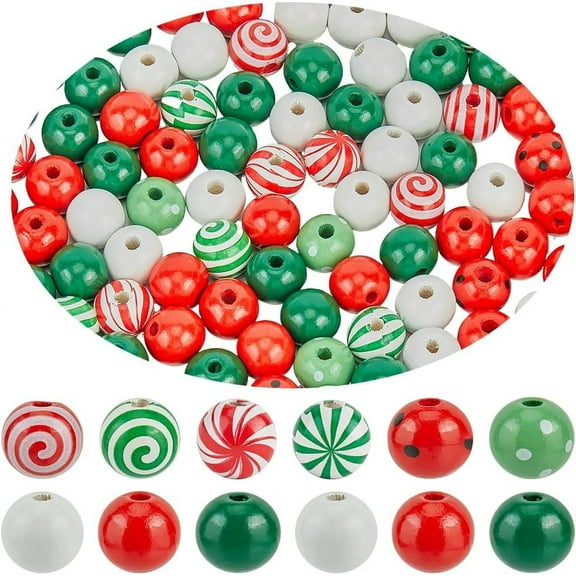 240Pcs 9 Styles Christmas Wooden Beads Red Green Wood Beads Bulk Assorted Painted Natural White Winter Holiday Xmas Round Loose Spacer Candy Beads for Bracelet DIY Jewelry Making Party Decor