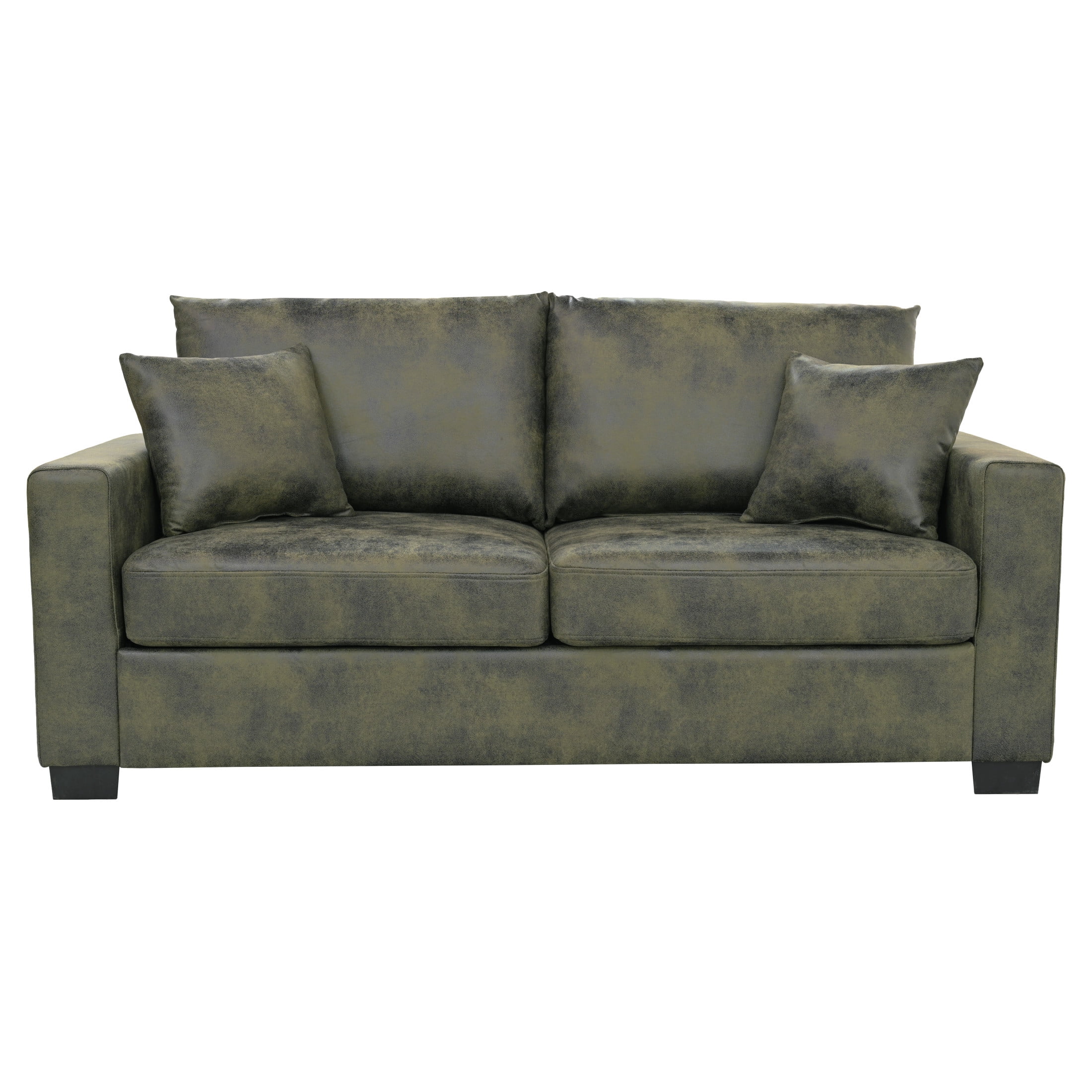 Noble House 69" Modern Loveseat, Foil Fabric Upholstered Sofa with 2 Throw Pillows, Olive Green