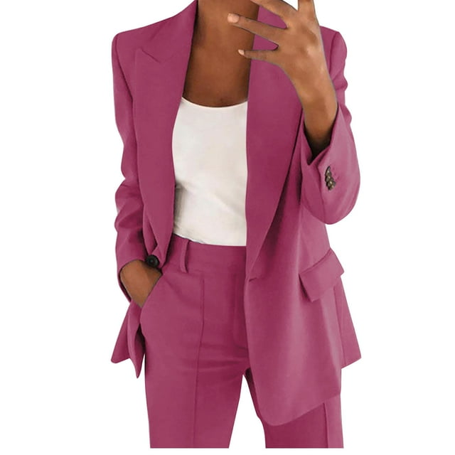 Conjunto de traje de dos piezas con solapas para mujer: blazer de manga larga con botones y pantalones. Conjunto formal de negocios. Poliéster y spandex suaves. Tallas S-XXL.