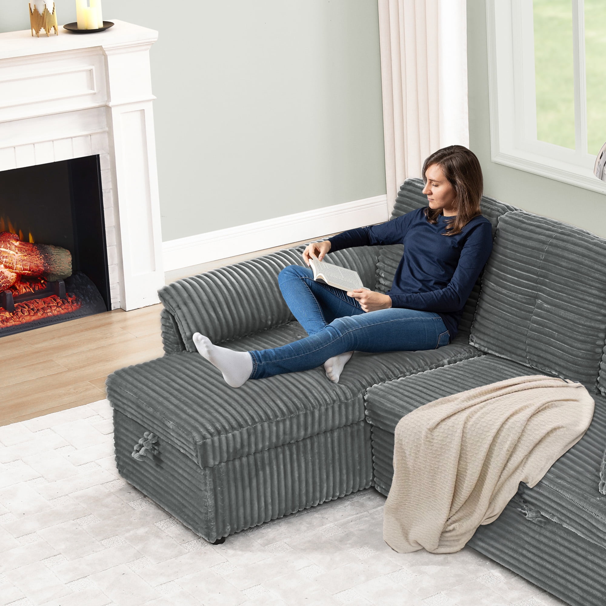 Dinosisco Convertible Sofa Bed with Storage Chaise, Corduroy Sectional Sleeper Sofa Couch for Living Room, Gray