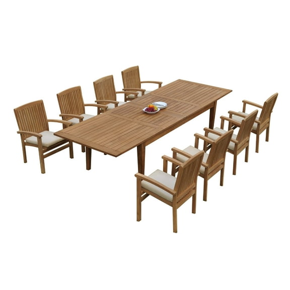 Grade-A Teak Dining Set: 8 Seater 9 Pc: 122" Atnas Rectangle Table And 8 Wave Stacking Arm Chairs Outdoor Patio WholesaleTeak #51WV2809