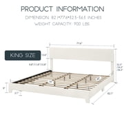 Einfach King Size White Leather Upholstered Bed Frame with Adjustable Headboard, No Box Spring Needed, Low