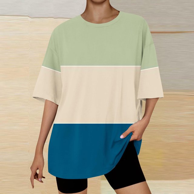 AherBiu Womens Oversized T Shirts Crew Neck Loose Fitting Tshirts Summer Causal Comfy Soft Tee Tops Color Block