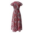thumbnail image 5 of Fesfesfes Spring Dresses for Women Vintage Floral Printed Boho Dress V Neck Micro Sleeve Casual Long Dress Waist Lace Up High Slit Beach Dress, 5 of 6