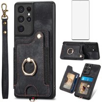 Phone Case for Samsung Galaxy S21 Ultra 5G Wallet Cover with Screen Protector and Wrist Strap Lanyard RFID Credit Card Holder Ring Stand Cell Accessories S21ultra 21S S 21 21ultra G5 Women Men Black
