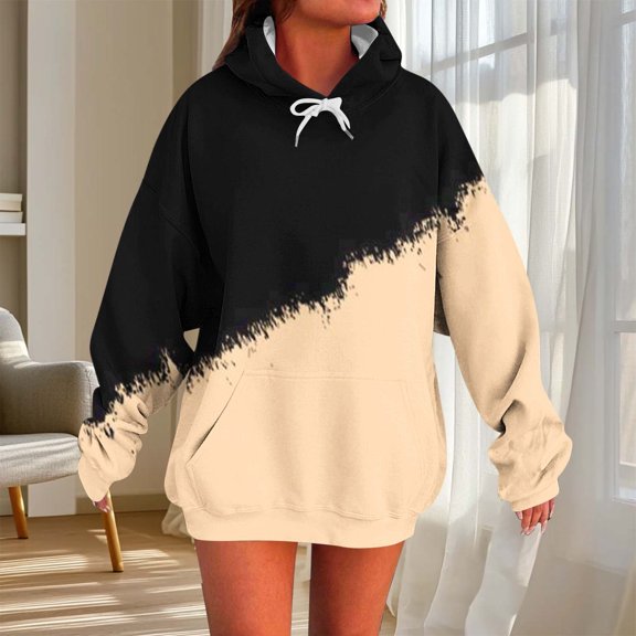 EchfiProm Beige Sweatshirts for Womens with Pockets Casual Hoodies Pullover Colorblock Long Sleeve Hooded Oversized Womems Tops