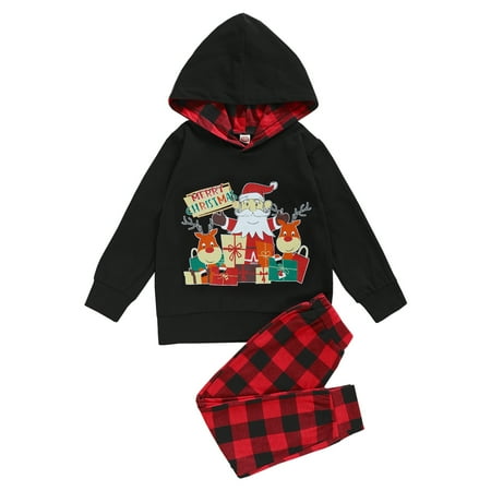 

KIMI BEAR Infant Boys Outfits 18 Months Infant Boy Autumn Winter Outfits 24 Months Infant Boy Casual Christmas Cartoon Print Hooded Long Sleeve Hoodie + Checked Pants 2PCs Set Black