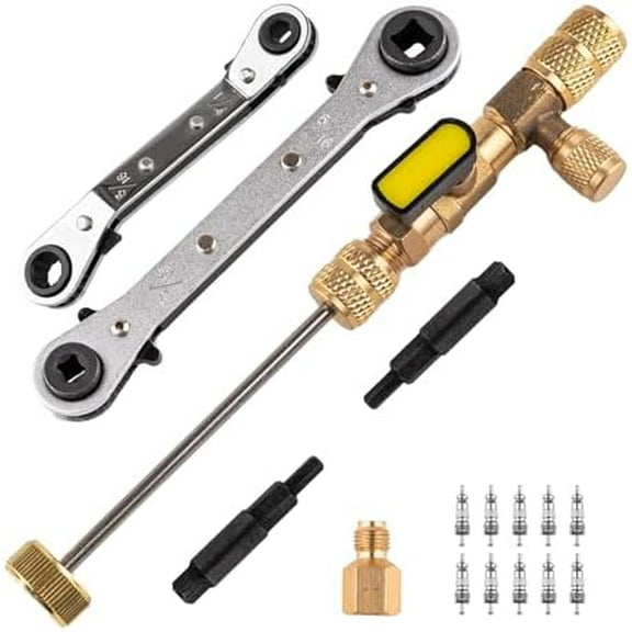 Valve Core Remover Installer Tool and HVAC Service Wrench Set with Hex Bit Adapters, Dual Size SAE 1/4 to 5/16 Port, 5/16'', 3/8'' Refrigeration Service Wrench, 10 Valve Core$$