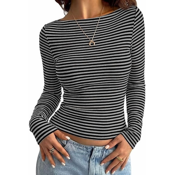 PRETTYGARDEN Long Sleeve Striped Shirts for Women Soft Ribbed Knit ,Y2k Tshirt,Slim Fit Layering,Cute Tops,Basic Tee,Business Casual Outfits,Spring Fall Trendy Clothes