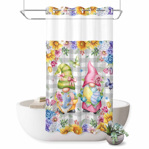 No Hook Shower Curtain with Built-in Rings - Spring Gnomes Easter Washable Waterproof Fabric Bathroom Curtains for Hotel,Rentals, Stall 36 X 72 Inch , Flowers Butterflies Grey Plaid