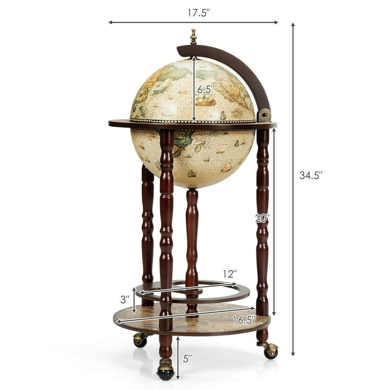 Gymax 17'' Wood Globe Wine Bar Stand, 16th Century Italian Rack