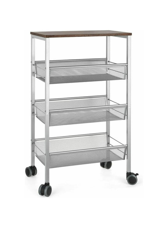 3-Tier Wire Storage Cart, MDF Wood Top and Metal Frame, Silver