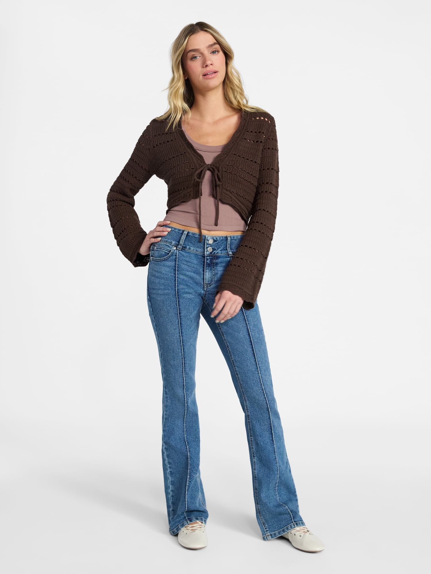 No Boundaries Tie Front Pointelle Cardigan, Women’s Sizes XXS-XXL
