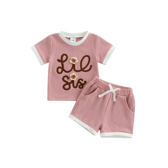 aturustex Little Girls 2pcs Sister Matching Shorts Outfits 0-5T Toddler Baby Short Sleeve T-shirt Crew Neck Shirts Letters Flower Tops Elastic Shorts aily Clothes Beachwear for Holiday Party
