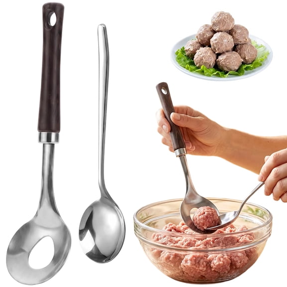 2 Pack Meatball Maker Spoon Set, Stainless Steel Meatball Spoon with Wood Handle, Non Stick Meatball Making Tool, Kitchen Serving Spoon, Cooking Tool, Meatball Maker, 2pc