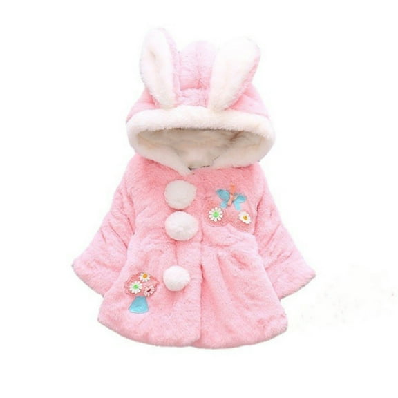 jsaierl Baby Toddler Girls Faux Fur Winter Warm Hooded Coat Cloak Jacket Cute Rabbit Ears Outwear Thick Warm Clothes 18M-6T