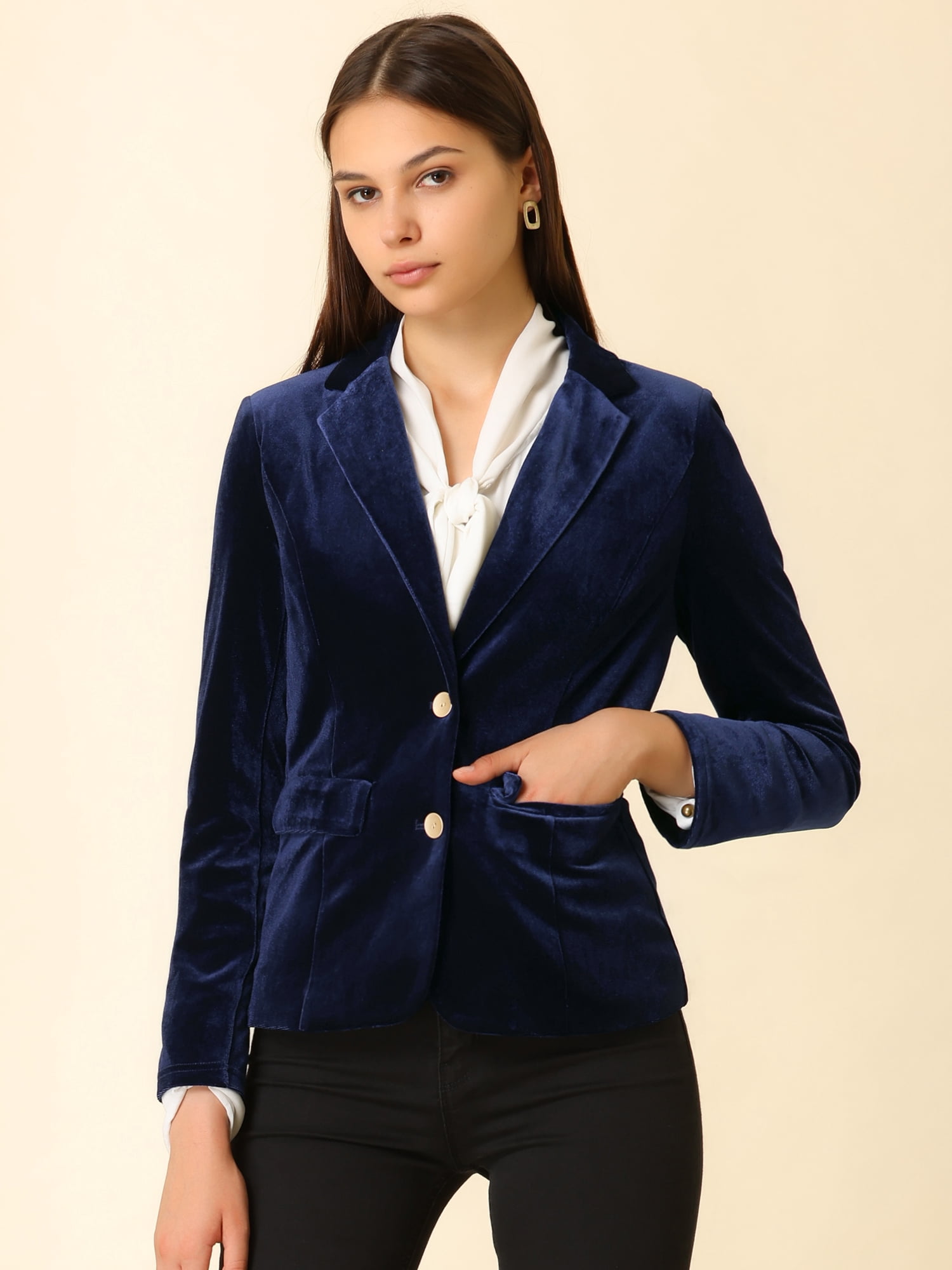 DARING DIVA Women's Notched Lapel Button Front Office Velvet Blazer M Dark Blue