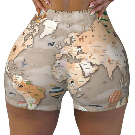 Workout Shorts Women  World Map With Animals Biker Shorts for Women Running Gym Spandex Shorts Tummy Control
