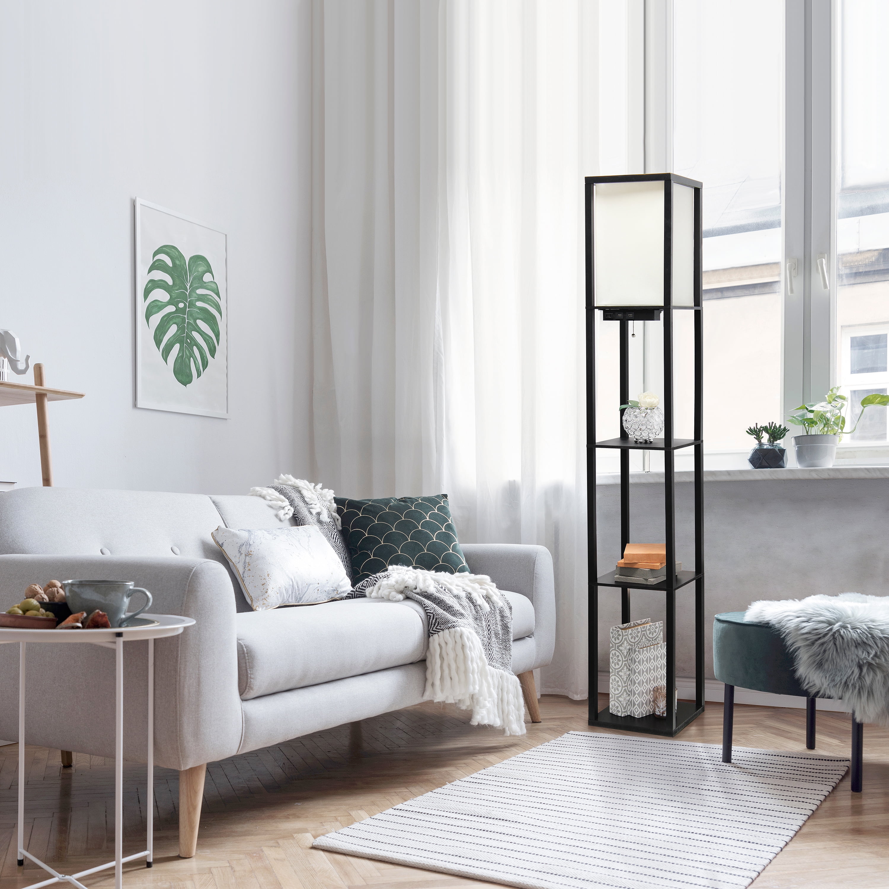 Simple Designs 62.5" 3-Shelf Etagere Floor Lamp with USB, Outlet & LED Bulb, Black