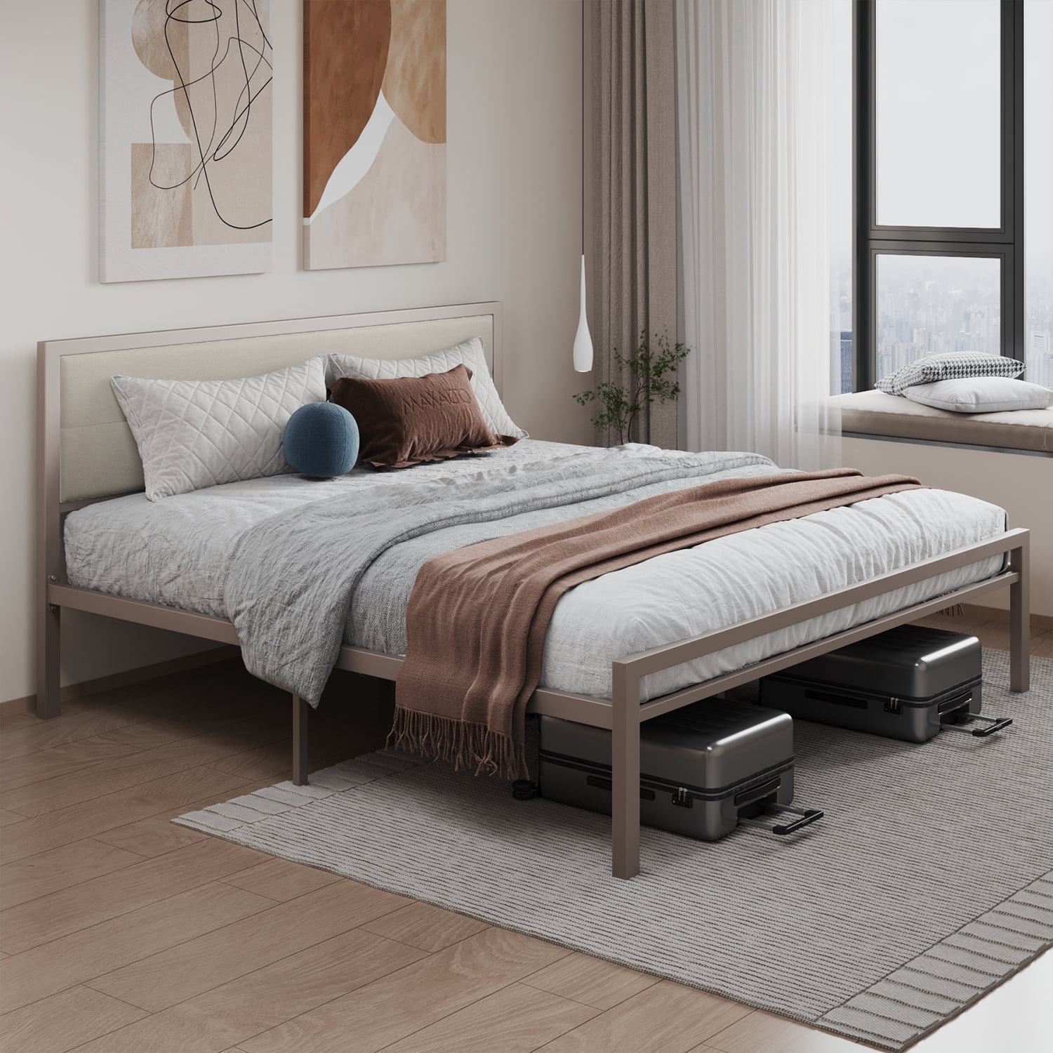 Bonsoir KING Size Bed Frame Steady Steel Platform with Fabric Headboard/Footboard (Champagne Color Frame)