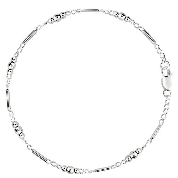 Fancy Link With Faceted Beads Chain Anklet In Sterling Silver, 11