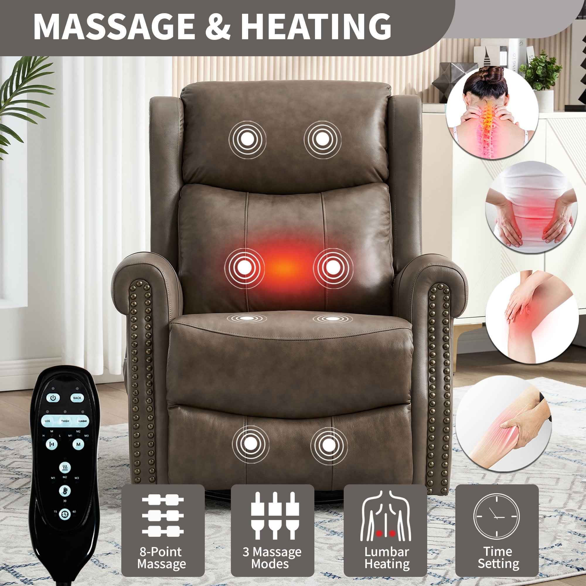 MAYEERTY 360 Degree Swivel Rocker Recliner Chair, Genuine Leather Manual Recline Glider Armchair with 8-Point Vibration Massage & Lumbar Heat, for Living Room Home Theater