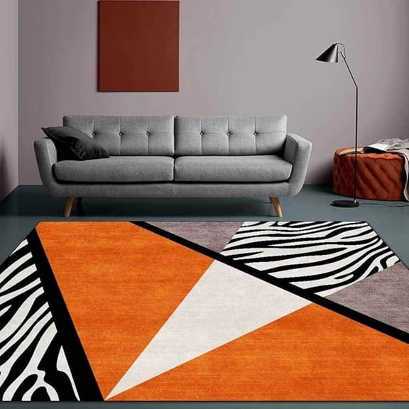 Light Luxury Orange Color Block Splicing Area Rug, Black And White Abstract Stripes Indoor Non-Slip Kids Rugs For Living Room Bedroom Kitchen Entryway Floor Mat 1x2ft