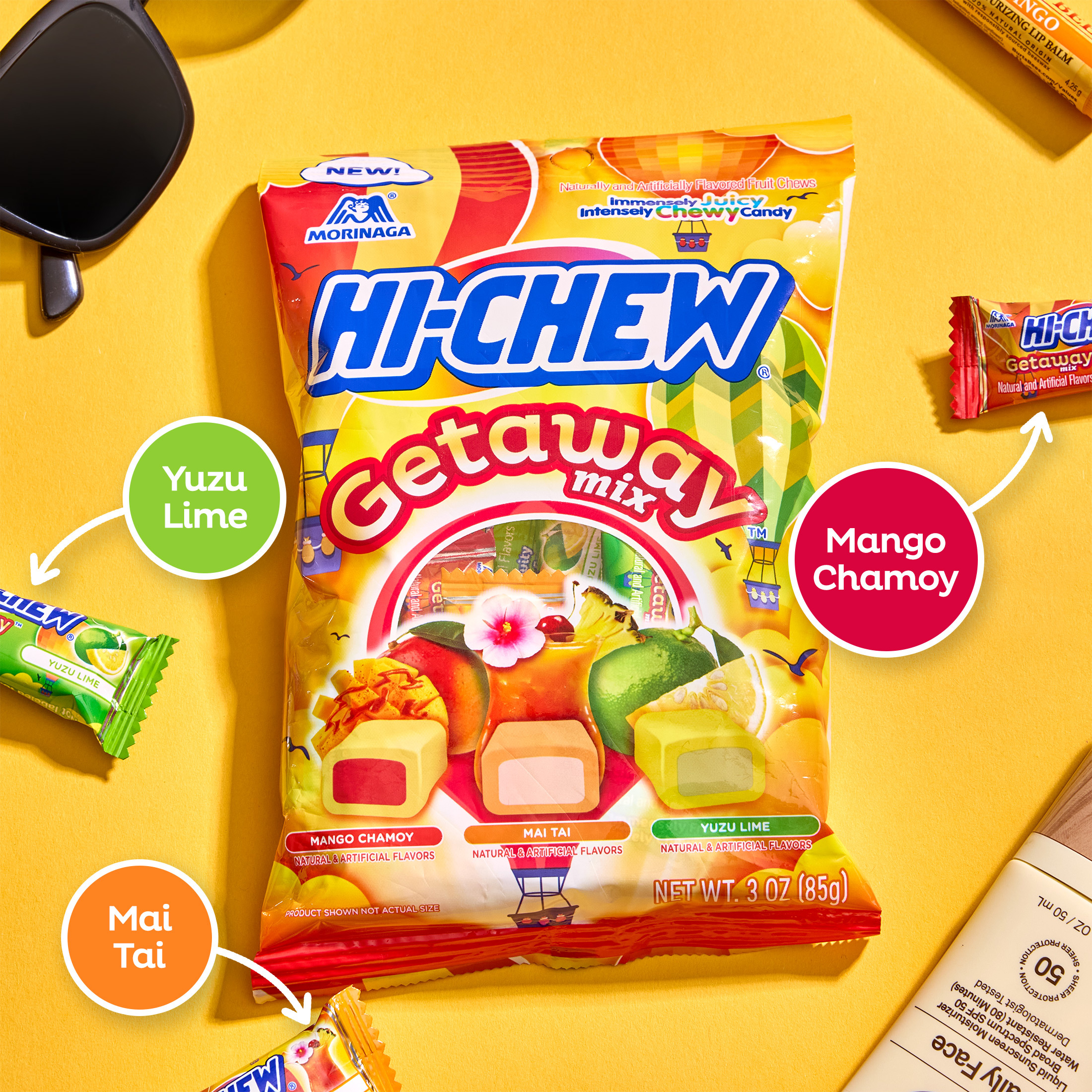 HI-CHEW Getaway Mix, Pack of 6 Bags, 3oz each - Mango Chamoy, Mai Tai, Yuzu Lime - Unique Fun Soft & Chewy Taffy Candy - Immensely Juicy Fruit Flavors - Individually Wrapped for Sharing