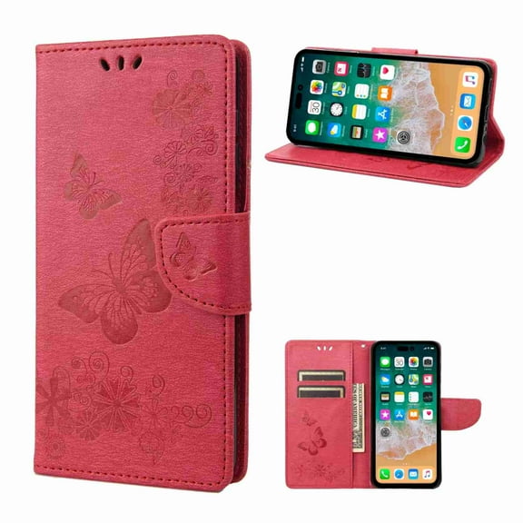 Decase Slim Wallet Card Holder Slots Case for Apple iPhone 13, Shockproof Kickstand Wrist Strap Butterfly Floral Embossed PU Leather Flip Cover,rose