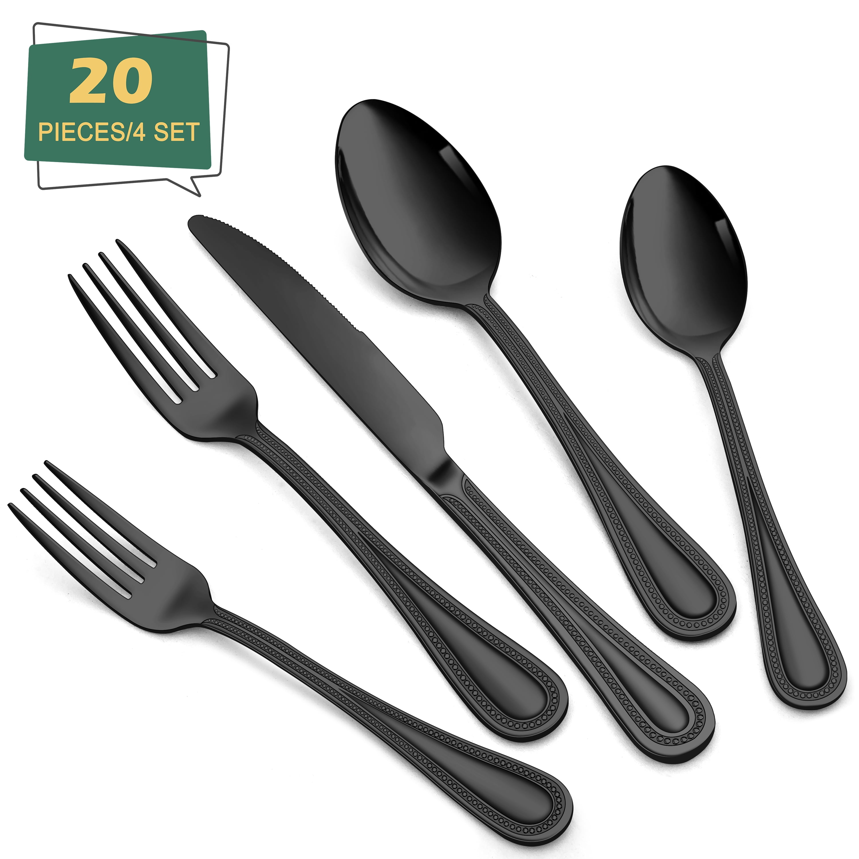 Walchoice 20 Pieces Black Silverware Set, Stainless Steel Flatware Cutlery Set Service for 4, Elegant Eating Utensils for Home Restaurant, Pearled Edges & Dishwasher Safe