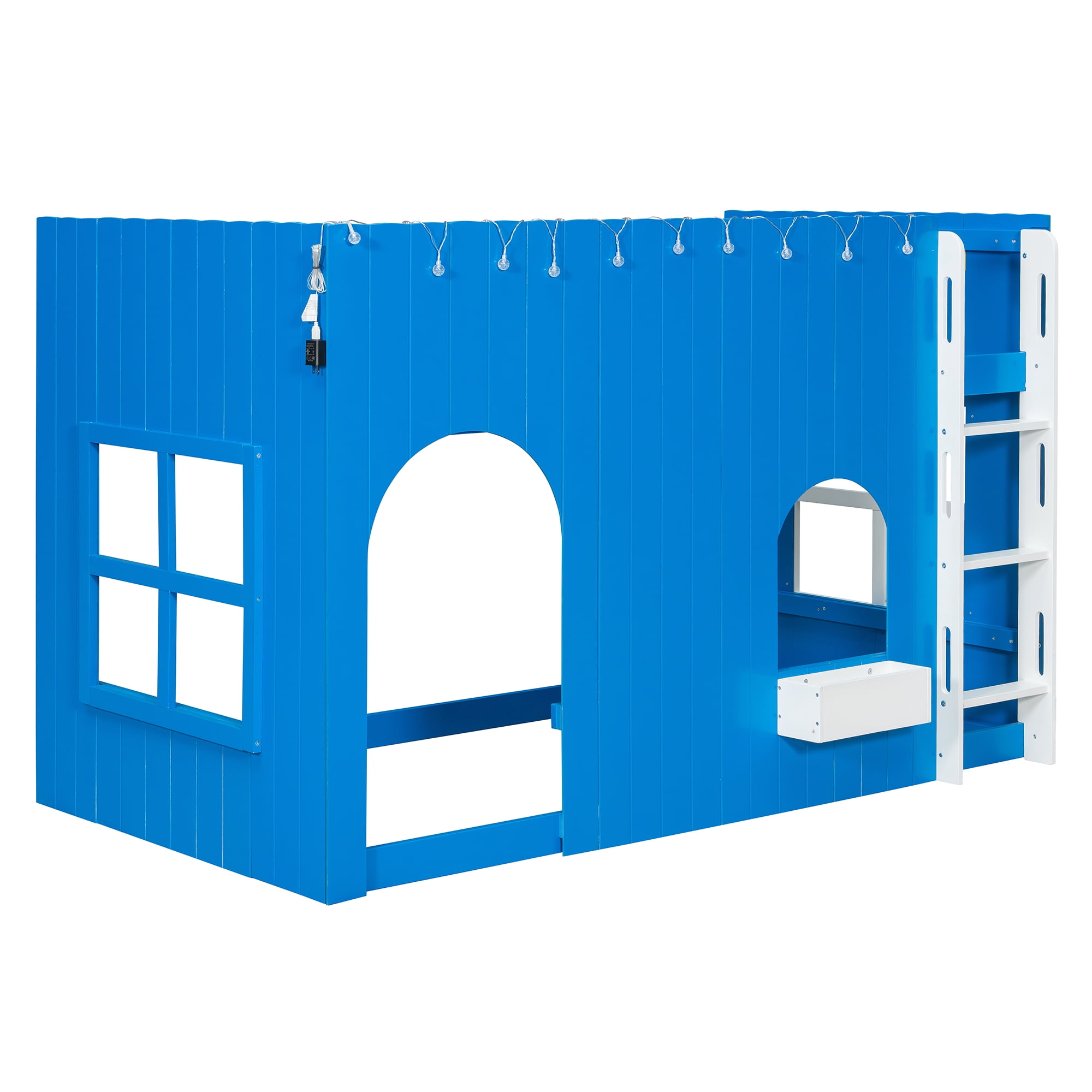 Mintazer Twin House Loft Bed with LED Lights, Kids Playhouse Bed with Ladder, Blue