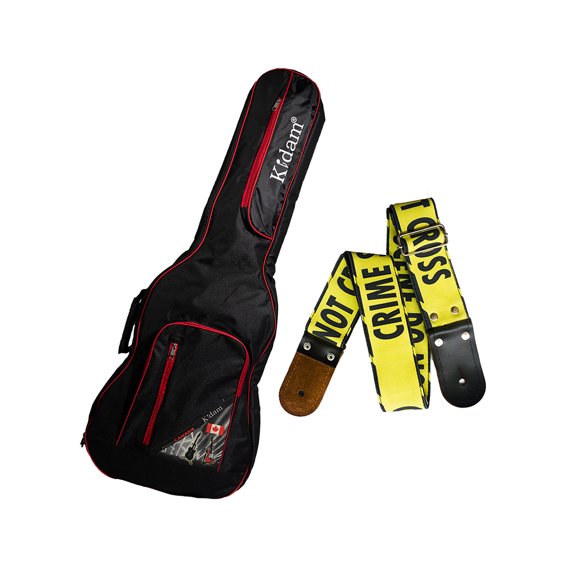 PAQUETE Estuche para guitarra eléctrica Funda para guitarra Gig bag, guitar case para trasporte y protección, color negro bordes rojos + Tahali strap correa Kidam CRIME