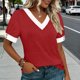 thumbnail image 4 of Mujeres Tops Casual Color Bloque Manga Corta V Cuello Blusa Moda Verano Primavera Respirable, 4 of 9