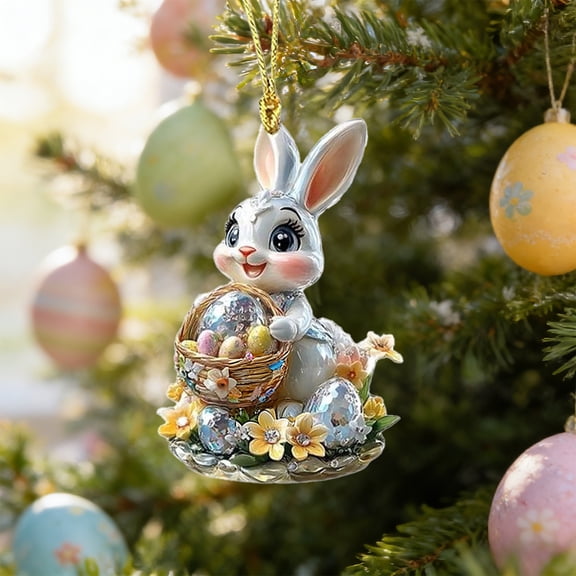 romoty Easter Bunny Hanging Ornament, 2D Flat Acrylic Rabbit Keychain. 3.15x2.24 Inch Decorative Car Rearview Mirror Pendant for Spring Holiday, Backpack and Home Tree Decor Set