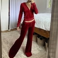thumbnail image 2 of Brnmxoke Zip-Up Velour Tracksuit Sets Womens 2 Piece Velvet Sweatsuits Cropped Hooded Sweatshirts Sweatpants Jogging Suits Outfits Wine,S, 2 of 7