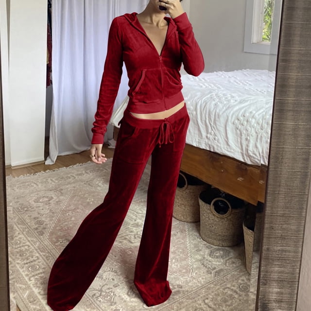 Qiopertar Ensemble Mode Femme Poche Col Rond Décontracté Sweat à Manches Longues + Pantalon Vin 4(S)