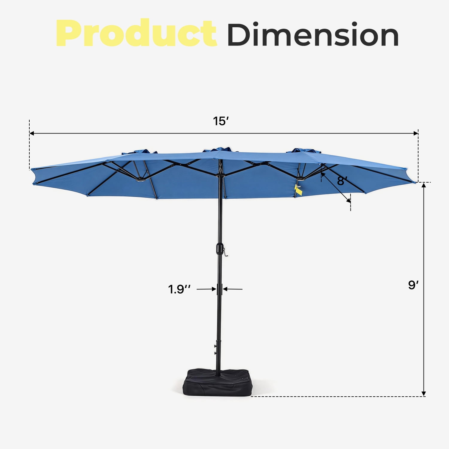 BaPiPro 15FT Blue Large Double Head Patio Umbrella with Solar LED Lights, Waterproof UV & Tear Resistant Fabric, Windproof Reinforced Steel Frame, Easy Hand Crank for Patio, Pool, Garden & Deck