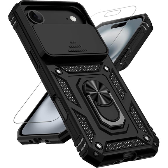 for iPhone Air Case, with Slide Camera Cover HD Screen Protector [Military Grade 16ft. Drop Tested] Ring Holder Kickstand Protective Phone Case for Apple iPhone Air 2025, Black