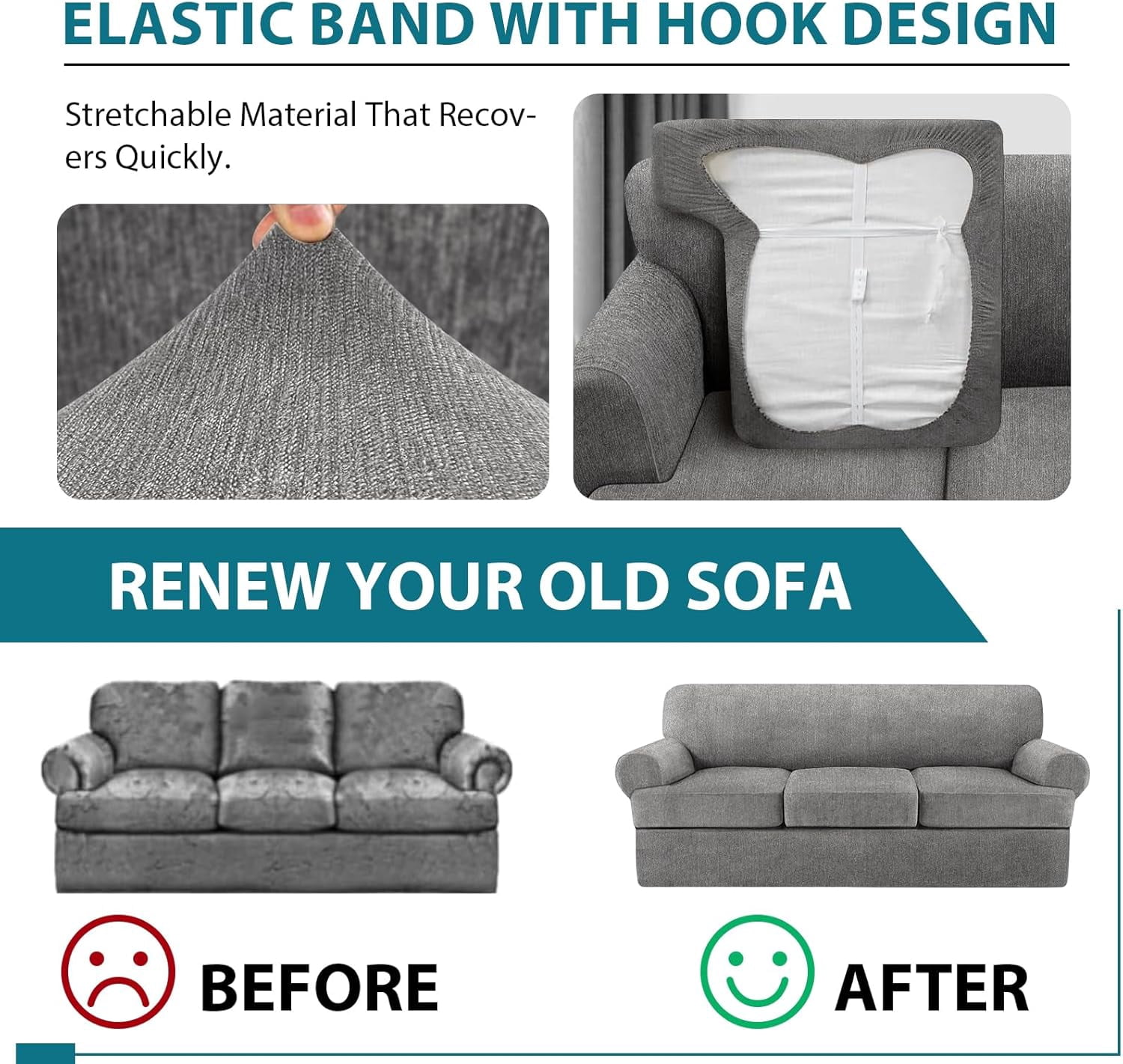 4 Piece T Cushion Sofa Slipcovers Stretch Couch Cover Furniture Covers with 3 Individual T Cushion Covers, Machine Washable for Living Room (Light Gray, 3 Cushions)