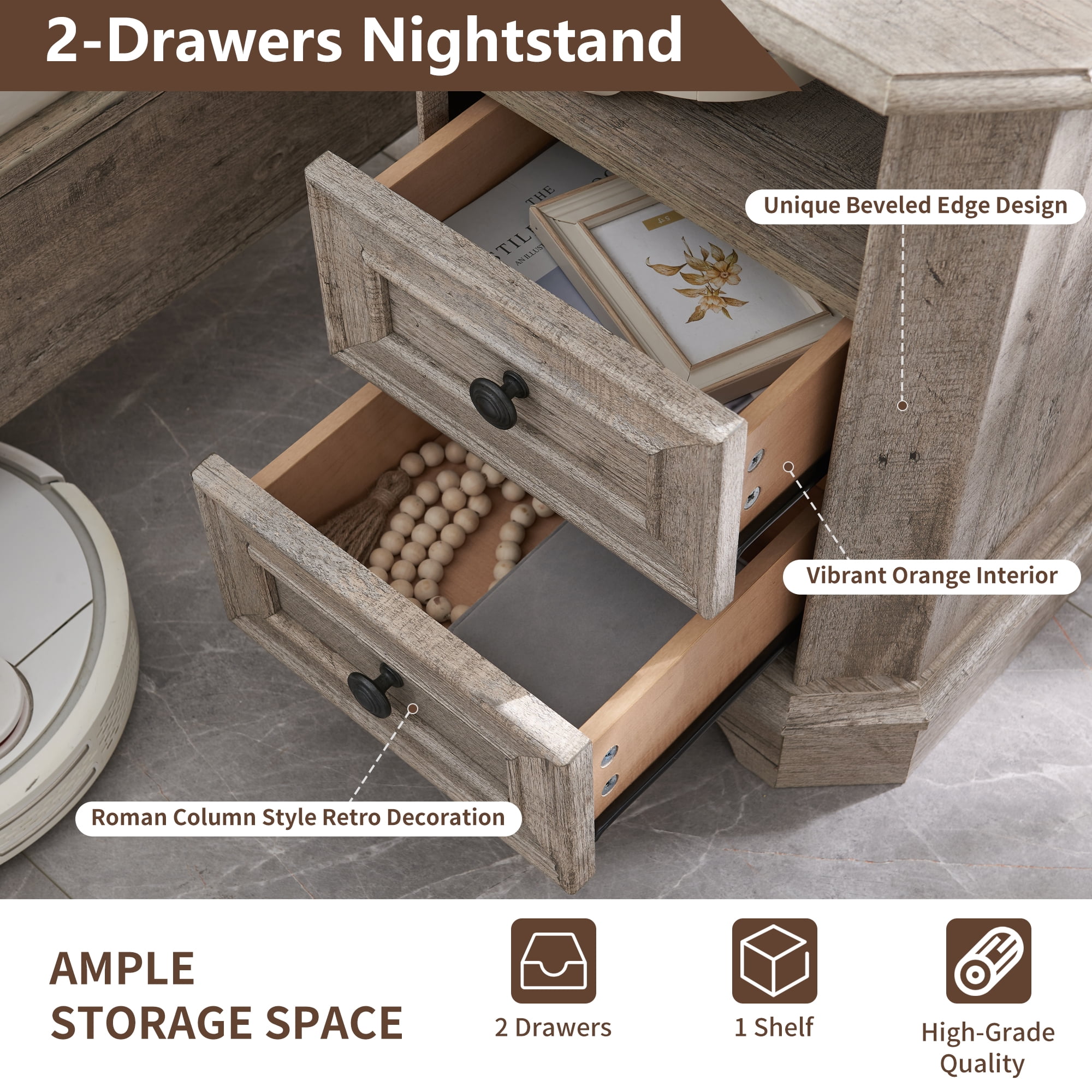 OKD Farmhouse Nightstand with Charging Station, End Table with 2 Drawers for Living Room, Side Table, Light Rustic Oak