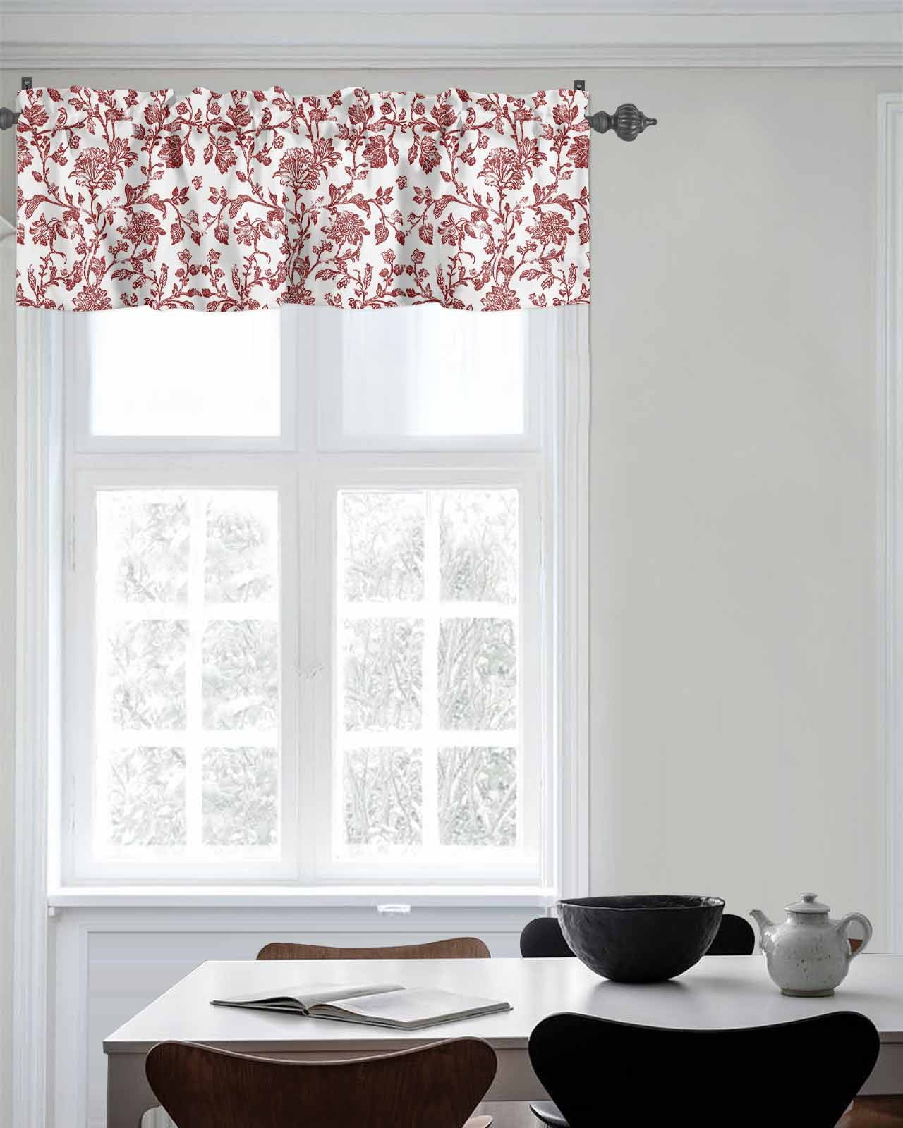Red Pastoral Flower Curtain Valances for Kitchen Windows,Rod Pocket Short Valance Vintage Rustic Farmhouse Floral Window Treatment for Living Room Bathroom Bedroom,54" x 18"-1 Panel