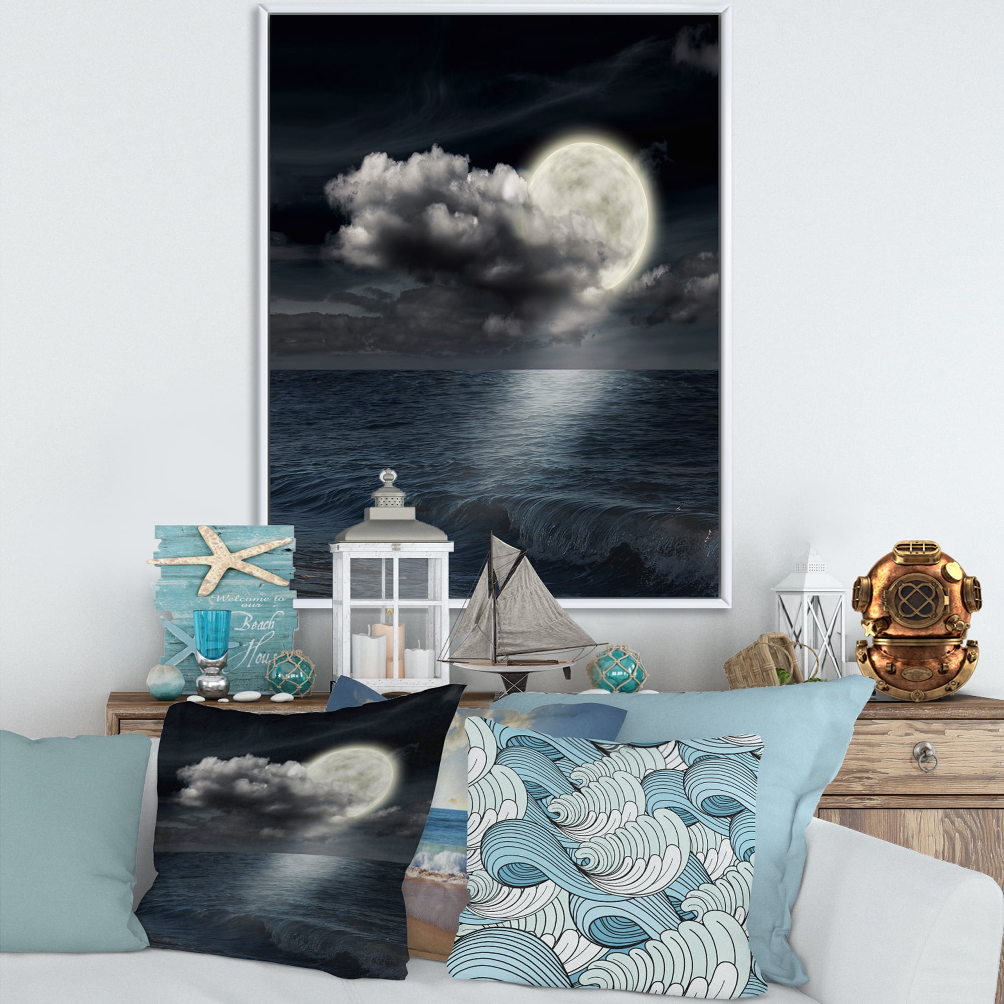 Designart 'Full Moon Night in Cloudy Sky VI' Nautical & Coastal Framed Canvas Wall Art Print