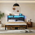 thumbnail image 2 of Dayago Full Bed Frame with LED Lights and Charging Station, Upholstered Metal Platform Bed with Storage Headboard, Noise Free, Brown, 2 of 7
