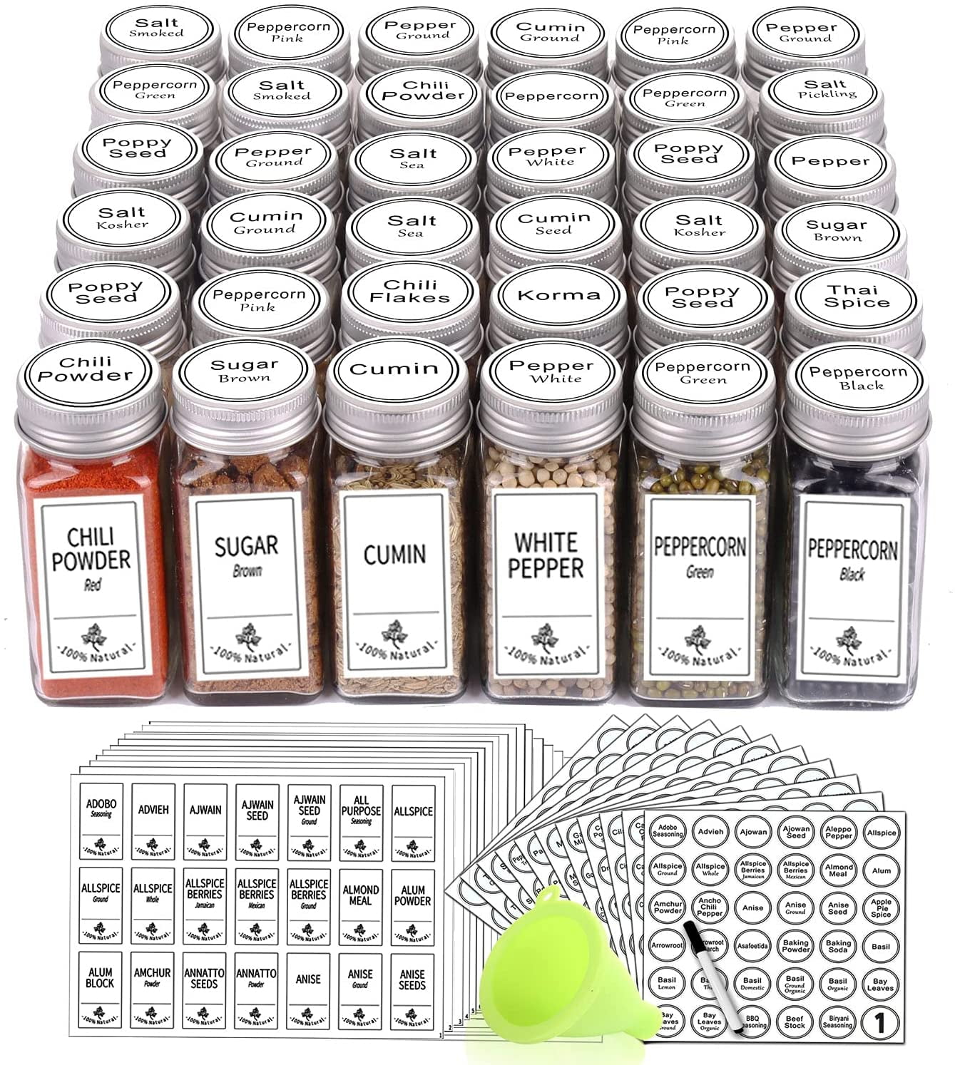 36 Glass Spice Jars with 806 White Spice Labels, Chalk Marker and Funnel Complete Set. Square Bottles 4 oz Empty Spice Containers, Airtight Cap, ...