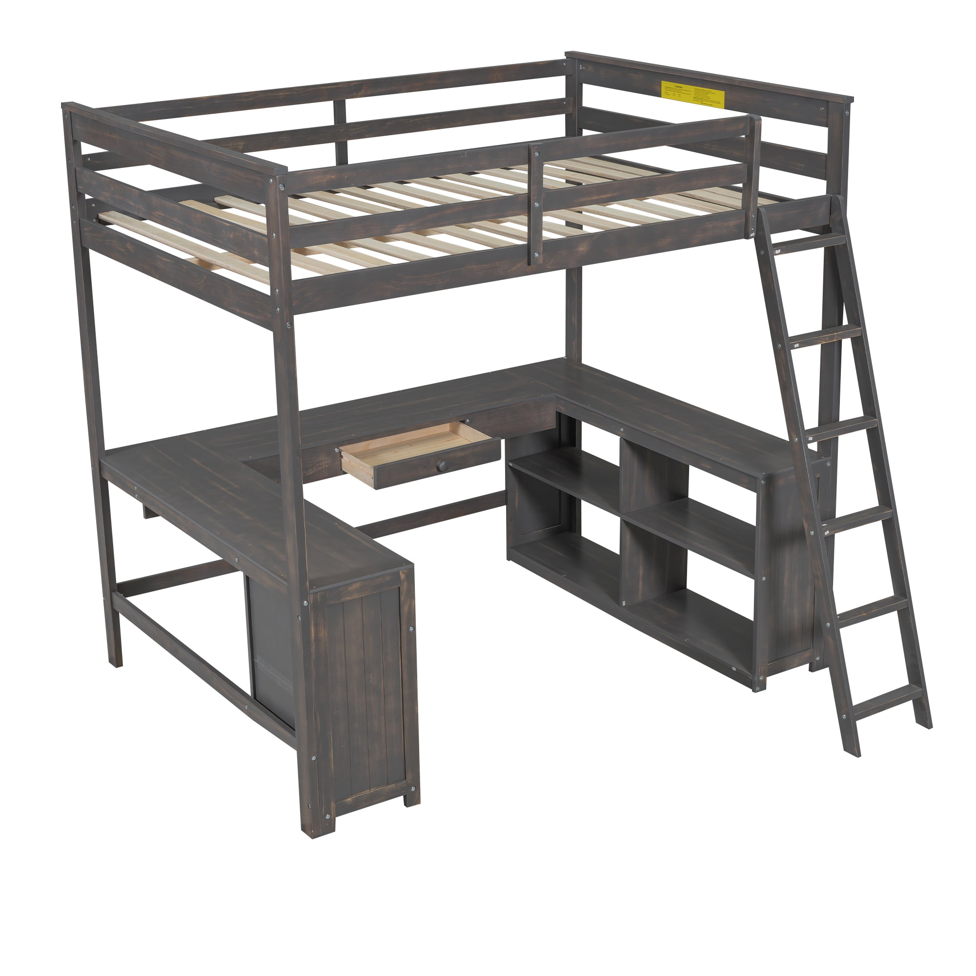 Euroco Wood Full Size Loft Bed with Desk and Shelves, Antique Brown