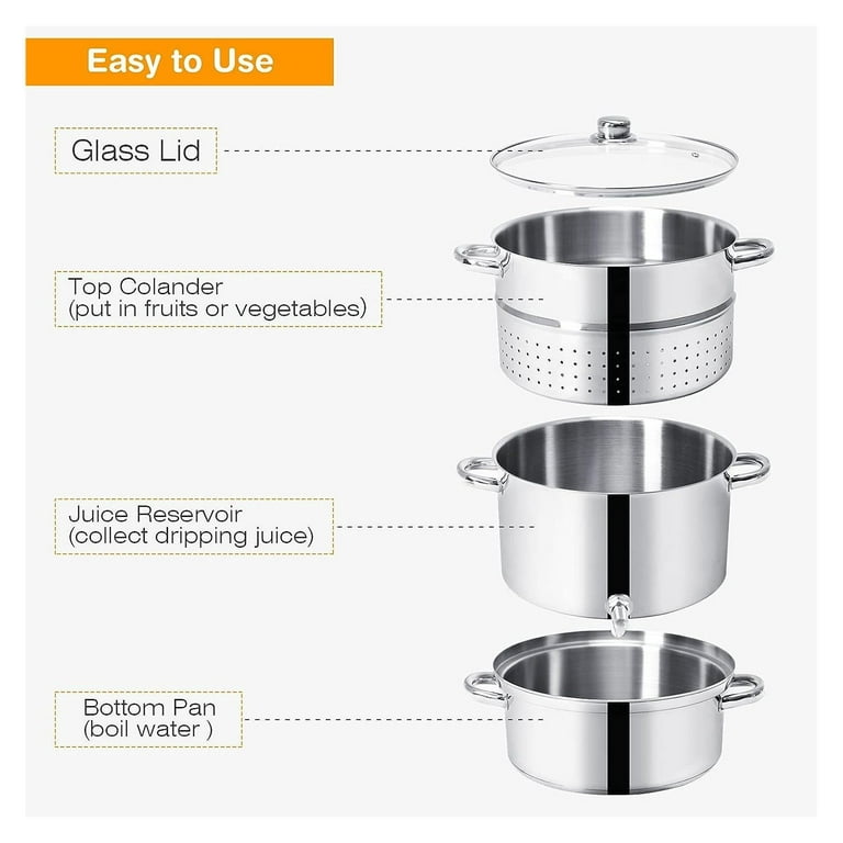 ZQRPCA 11-Quart Steam Juicer Stainless Steel, Steamer Extractor Pot for  Fruit Vegetable Canning with Tempered Glass Lid, Hose, Clamp, Loop Handles