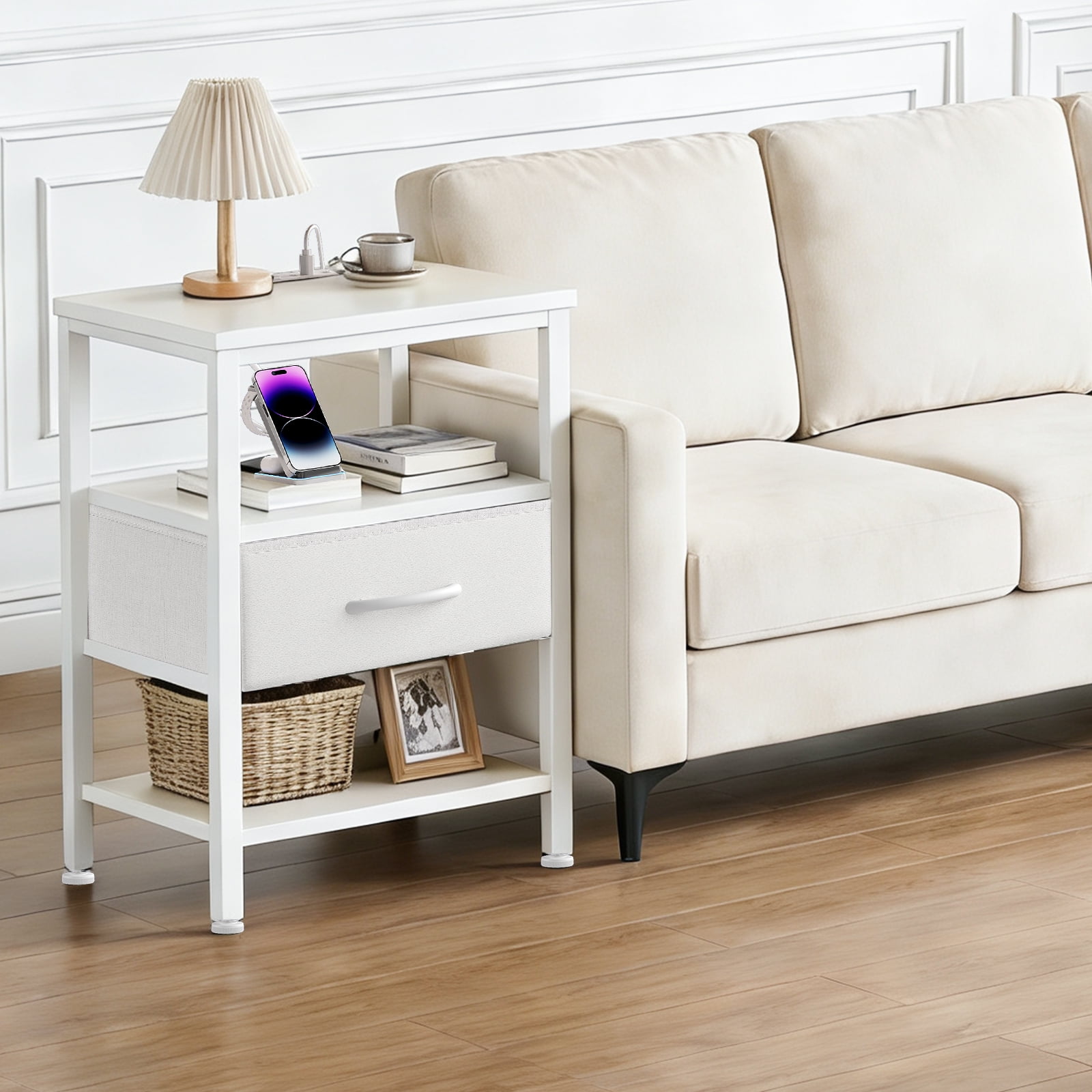 Beddle Nightstand with Charging Station, LED Bedside Table with 1 Fabric Drawer, 3-Tier End Table for Bedroom, Living Room, White