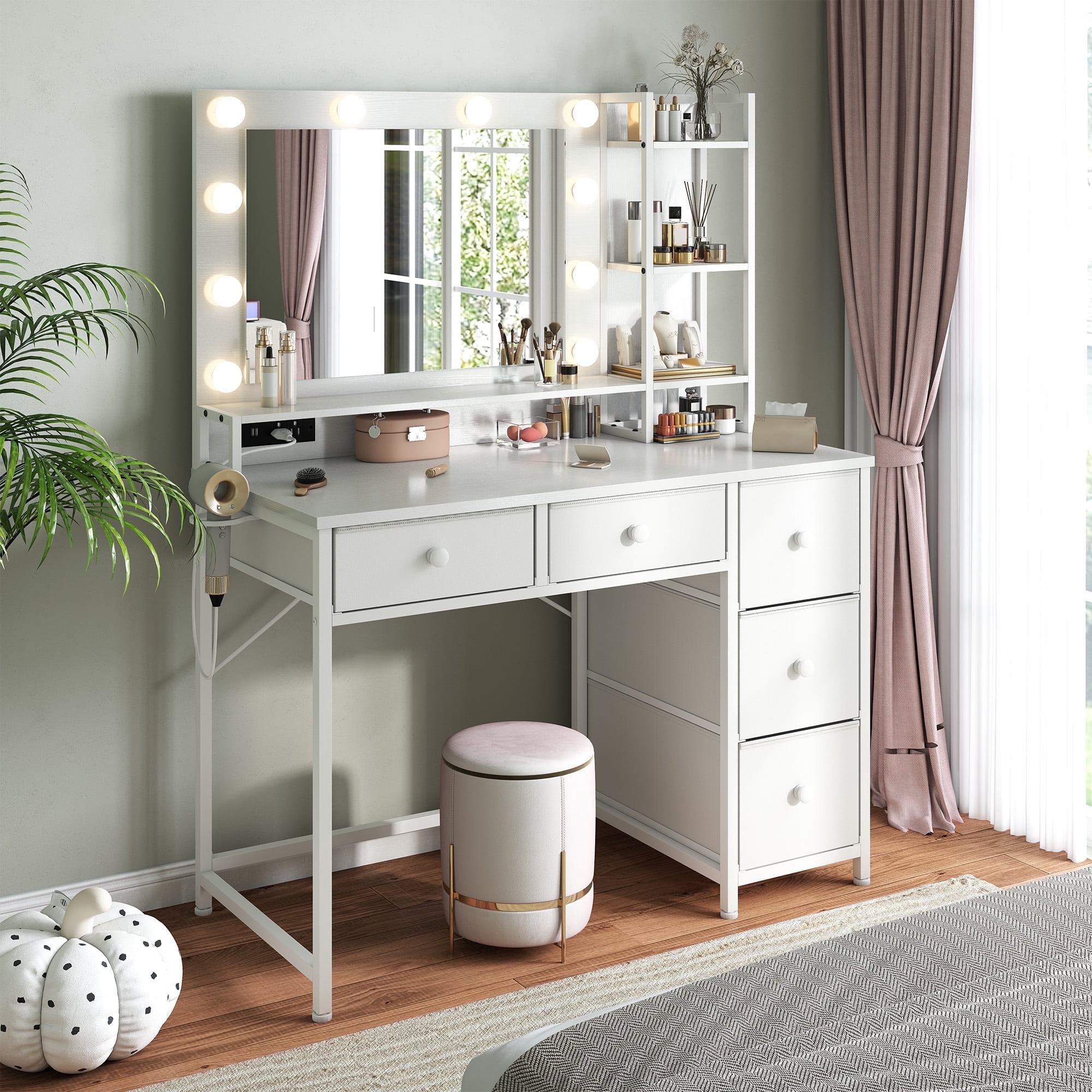 Romorgniz Vanity with Mirror and Lights Vanity Desk with 5 Drawers and Storage Shelves Makeup Dressing Table with Power Outlet & USB,White