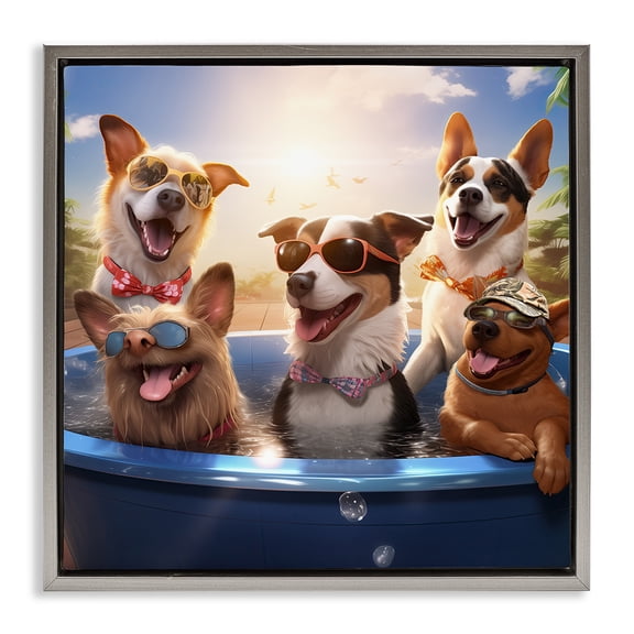 Stupell Industries Eclectic Summer Fun Dogs Gray Floating Frame Canvas Art, 25 x 25, by Jim Baldwin